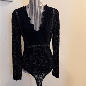 Elegant Black Lace Bodysuit Zipoer Back Large NWOT